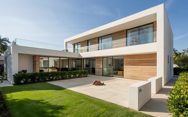 Fototapeta premium Modern Minimalist House Exterior with White Stucco, Wooden Accents, and Large Glass Windows on Sunny Day