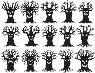 Scary Halloween Tree Silhouette Set with Evil Faces