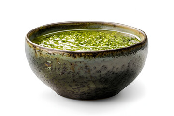 Green pesto in rustic bowl fresh herbs healthy food