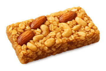 Nutritious cereal bar close-up, displaying variety of nuts against clean white background, highlighting wholesome snacking