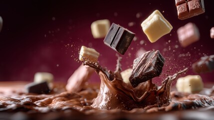 Dynamic floating chocolate pieces and bars on dark background