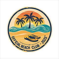 Retro Vintage Beach Bum Club Logo beach t shirt design, summer t shirt design: Palm Trees, Sunset, Ocean Waves, Flip Flops, Established 2025