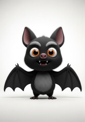 Obraz premium Cute Cartoon Bat - Adorable black bat cartoon character with large orange eyes and spread wings, isolated on white background. Perfect for Halloween or children's themes