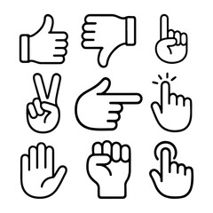 Collection of hand gesture icons in clean outline vector style representing communication, approval, interaction, and human expression. ideal for emotive graphics, presentations, accessibility symbols