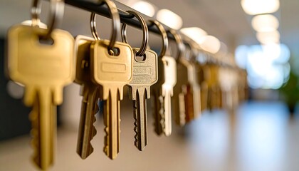 Row of golden metal keys on key rings hanging on a rack indoors security