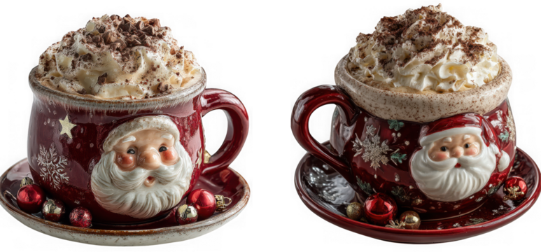 Two christmas mugs with santa claus faces filled with whipped cream isolated on transparent background