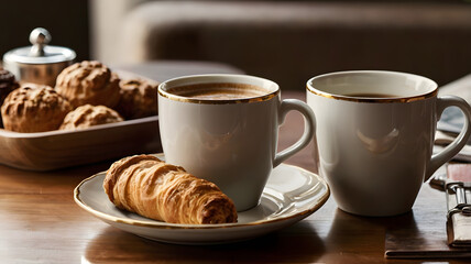 Cup of coffee served with fresh cookies on a cozy, inviting surface.

