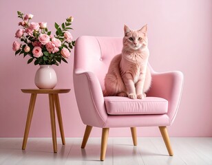 Pink cat in a pink chair with flowers