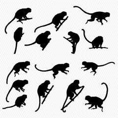 A collection of fifteen black silhouette illustrations depicting various monkey poses, including sitting, climbing, and standing, against a transparent background. © Adji