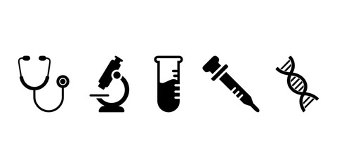 Vector icons of scientific and medical research equipment: microscope, test tube, syringe, DNA strand, stethoscope, lab tools.