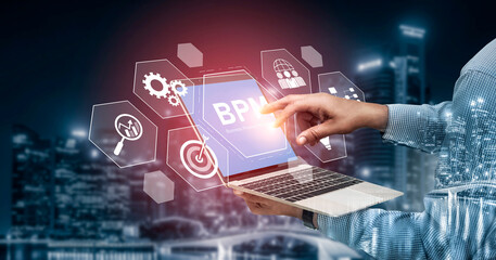 Business Process Management concept showing workflow analysis, process optimization, team...