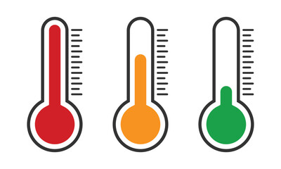 Three thermometers showing different levels of temperature with red orange and green colors displayed