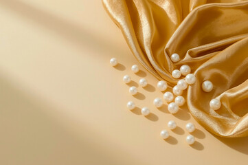 White Pearls on Gold Silk Fabric, Elegant Composition of Luster and Texture