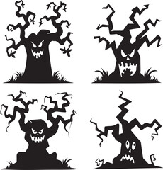 Scary Halloween Tree Silhouette Set with Evil Faces
