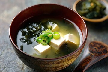 Bowl of miso soup with tofu and seaweed