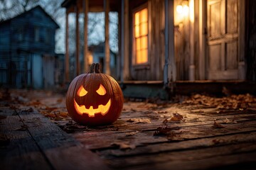 Jack-o'-lantern on porch, Halloween mood