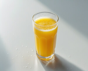 A clear glass filled with orange juice rests on a white surface, highlighting its bright hue and inviting look.