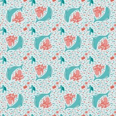  Whale and octopus playfully swim in the ocean. Pattern with underwater animals.