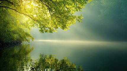 Fototapeta premium Tranquil lake scene under a canopy of lush trees.