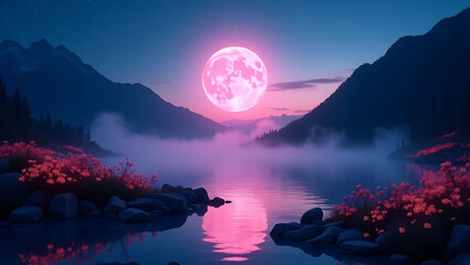 Dreamy Pink Moonrise Over Serene Mountain Lake with Bioluminescent Flowers and Misty Night Sky