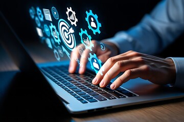 Hands typing on laptop with digital icons overlay