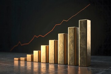Golden bar chart showing upward trend with a rising red line graph