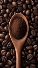 Fototapeta premium Wooden spoon with ground coffee powder kitchen essentials