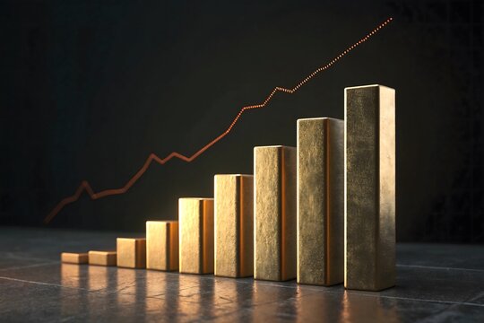 Golden bar chart showing upward trend with a rising red line graph