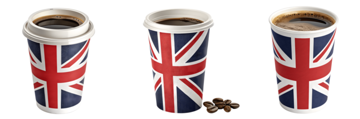 Set For Three cups of coffee with the union jack flag isolated on transparent background