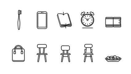 Black and white sketched design featuring a variety of objects, perfect for simple logo design, icon sets, or branding purposes.