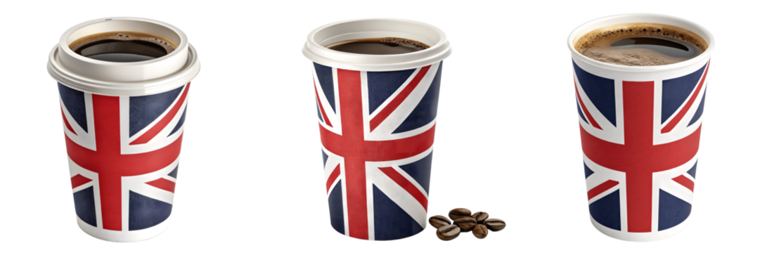 Set For Three cups of coffee with the union jack flag isolated on transparent background
