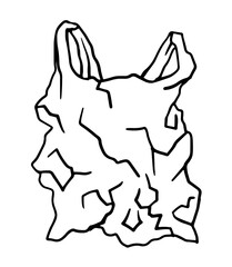 crumpled single use plastic bag Monochrome doodle symbolizing waste, pollution and environmental harm. A minimalist line illustration urging sustainable daily choices.