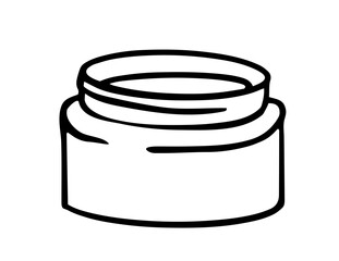 Minimalist line drawing of open plastic cosmetic jar with visible threads and smooth curved sides, evoking everyday skincare packaging for waste, pollution and environmental theme