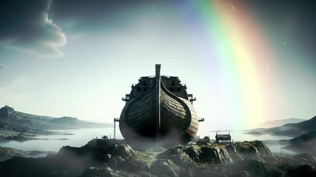 Noah's Ark with Rainbow Landing on Mount Ararat after Great Flood, Biblical Old Testament Religious Story for Christian Content