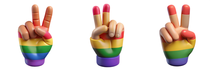 Set For Three hands showing the peace sign with lgbt pride colors isolated on transparent background