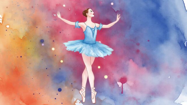 Professional Ballerina in Light Blue Tutu Executing Perfect Dance Pose, with Colorful Watercolor Paint Splash Background