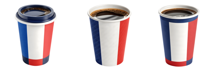 Set For Three coffee cups with the french flag design isolated on transparent background