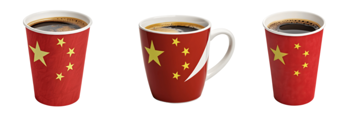 Set For Three coffee cups with the chinese flag design isolated on transparent background