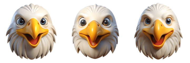 Set For Three cartoon eagle heads with different expressions isolated on transparent background
