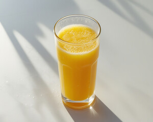 A glass of orange juice sits on a white surface, showcasing its vibrant color and refreshing appearance.