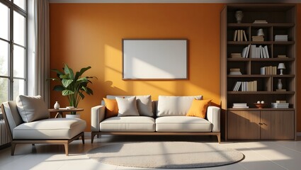 Startup office lounge corner with modular sofa, bookshelf.