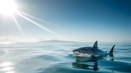Fototapeta premium Great white shark surfaces under a clear blue sky near an island