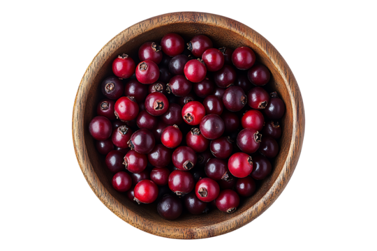 Top down view of ripe viburnum berries in a wooden bowl high quality realistic image