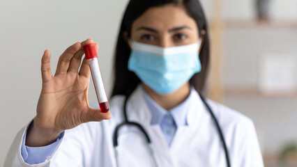 Close-up of a female doctor in medical mask holding a blood sample tube, healthcare and laboratory testing concept. this image generate by image.