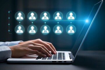 Hands typing on a laptop with a digital network of people icons above