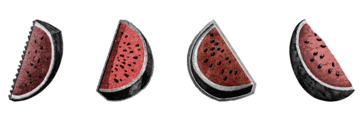 Vintage Watermelon Slices In Retro Engraving Set. Nostalgic Fruit Collection Illustration Isolated On Transparent Background