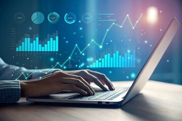 Hands typing on laptop with glowing financial data charts and graphs overlay