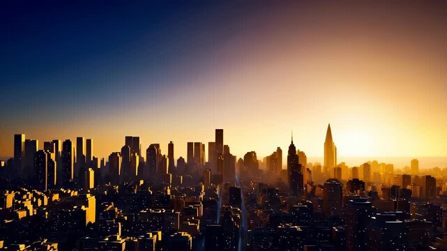 City skyline with beautiful sunset in background. city is lit up with sun setting in distance, city is flooded with yellow light of sunset. megacity with skyscrapers. shooting from drone