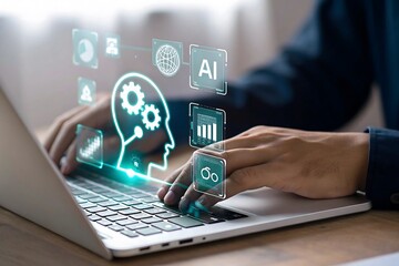 Person using a laptop with glowing artificial intelligence and brain interface graphics