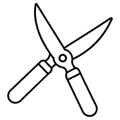 Detailed line art illustration of pruning shears with open blades isolated on white background